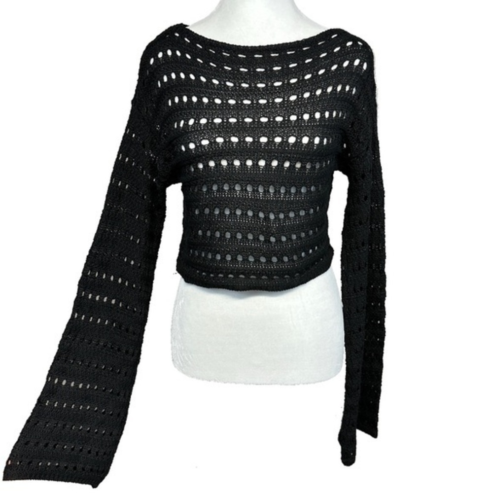 Black Crochet Cropped Bell Sleeve Holed Grunge Punk Sweater Whimsigoth Witch M